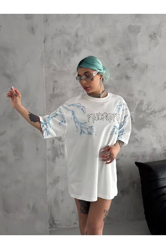 Unisex Bisiklet Yaka Baskılı Oversize T-Shirt - Beyaz