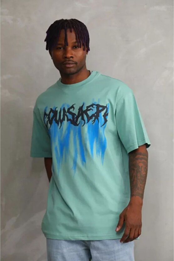 İPEKSİ Unisex Baskılı Oversize T-Shirt - Mint Yeşili