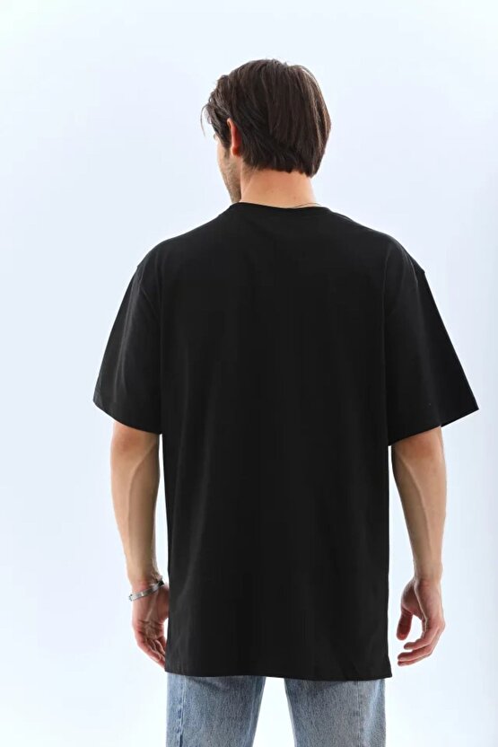 Moda Shop & Butik Unisex Oversize Taşlı Bisiklet Yaka T-shirt - Siyah
