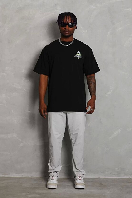 Unisex Oversize Baskılı Bisiklet Yaka T-Shirt - Siyah