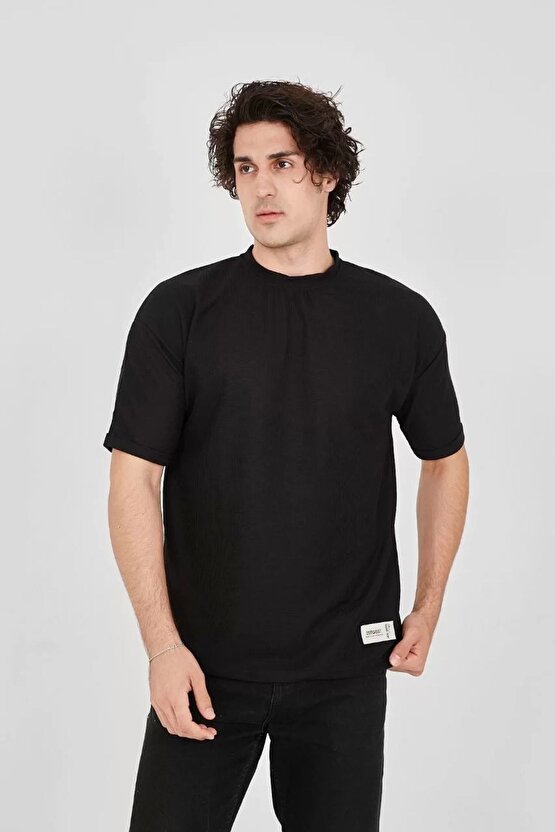 Unisex Waffle Kumaş Rahat Kol T-shirt - Siyah