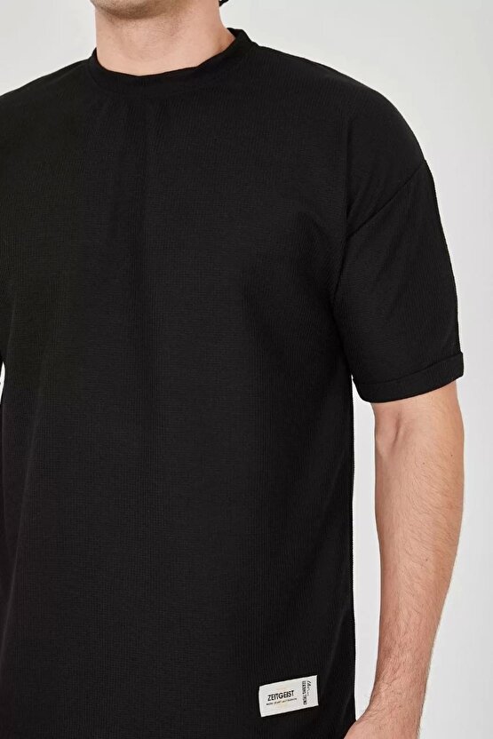 Unisex Waffle Kumaş Rahat Kol T-shirt - Siyah