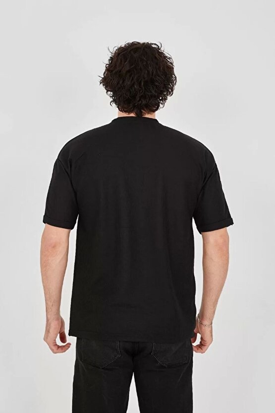 Unisex Waffle Kumaş Rahat Kol T-shirt - Siyah