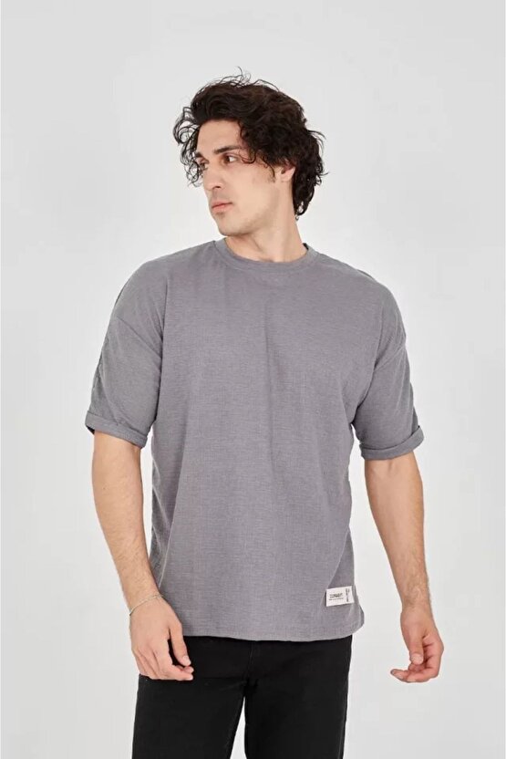 Moda Shop & Butik Unisex Jakar Kumaş Rahat Kol T-shirt - Gri