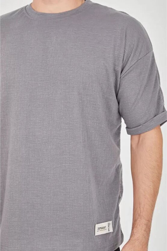 Moda Shop & Butik Unisex Jakar Kumaş Rahat Kol T-shirt - Gri