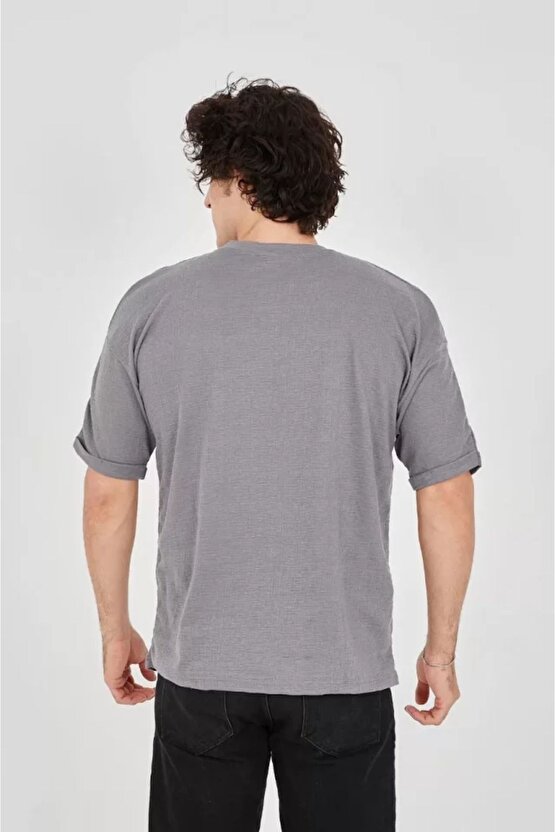 Moda Shop & Butik Unisex Jakar Kumaş Rahat Kol T-shirt - Gri