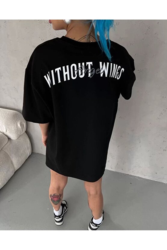 Unisex Bisiklet Yaka Baskılı Oversize T-Shirt - Siyah
