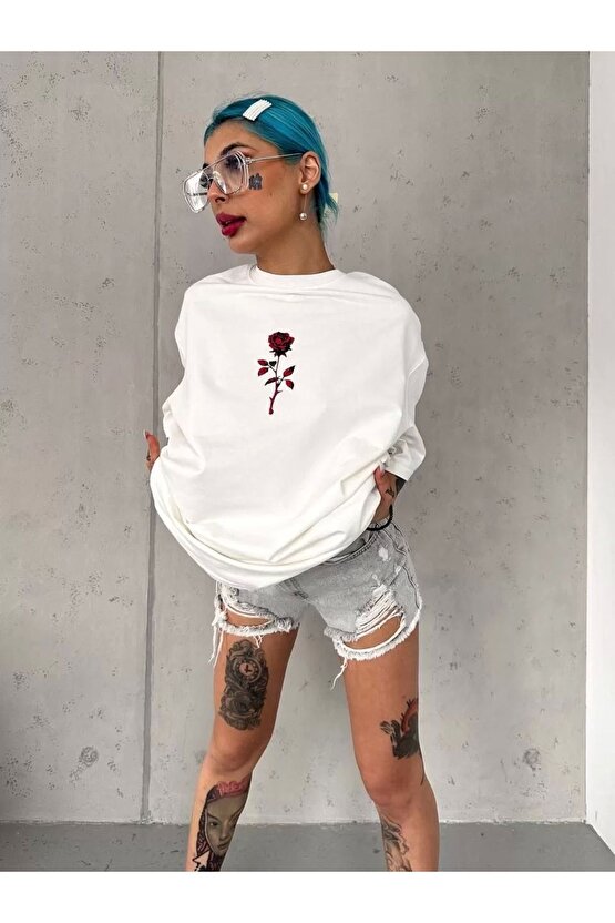Unisex Bisiklet Yaka Baskılı Oversize T-Shirt - Beyaz