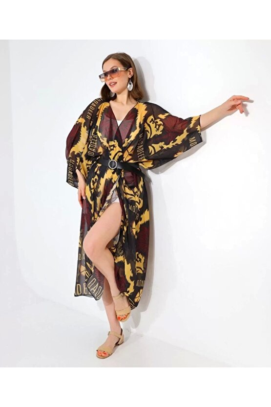 Kadın Rahat Kesim Şifon Kimono - Kahve