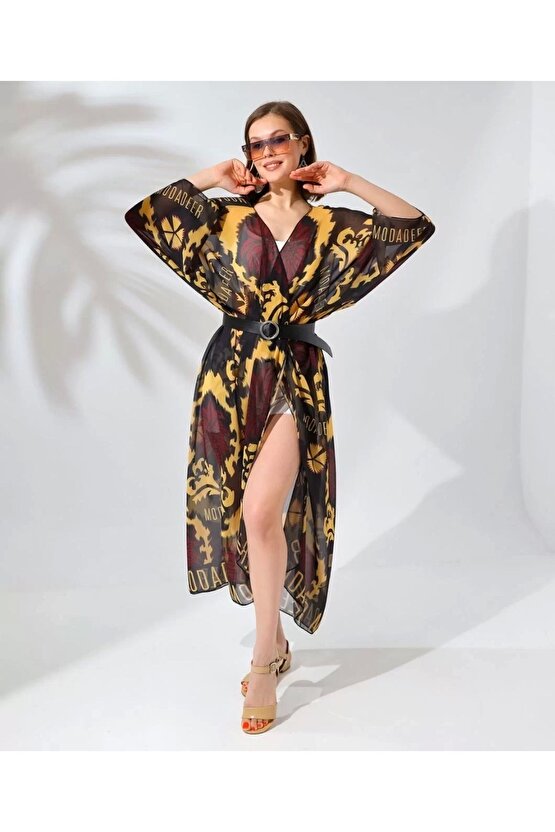 Kadın Rahat Kesim Şifon Kimono - Kahve