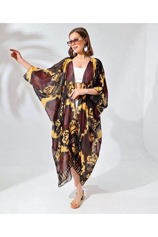 Kadın Rahat Kesim Şifon Kimono - Kahve