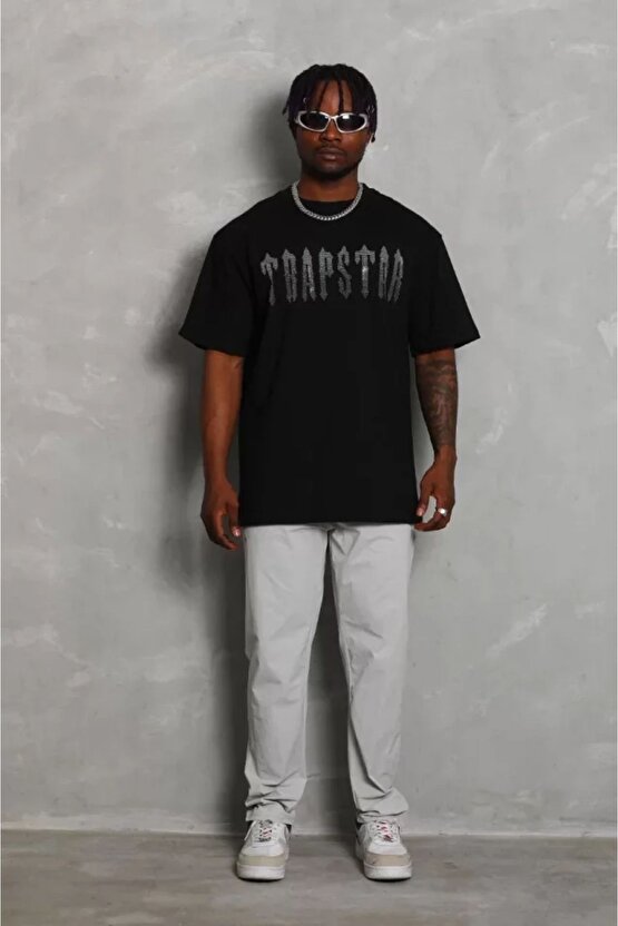 Myterrax Unisex Oversize Taşlı Bisiklet Yaka T-shirt - Siyah
