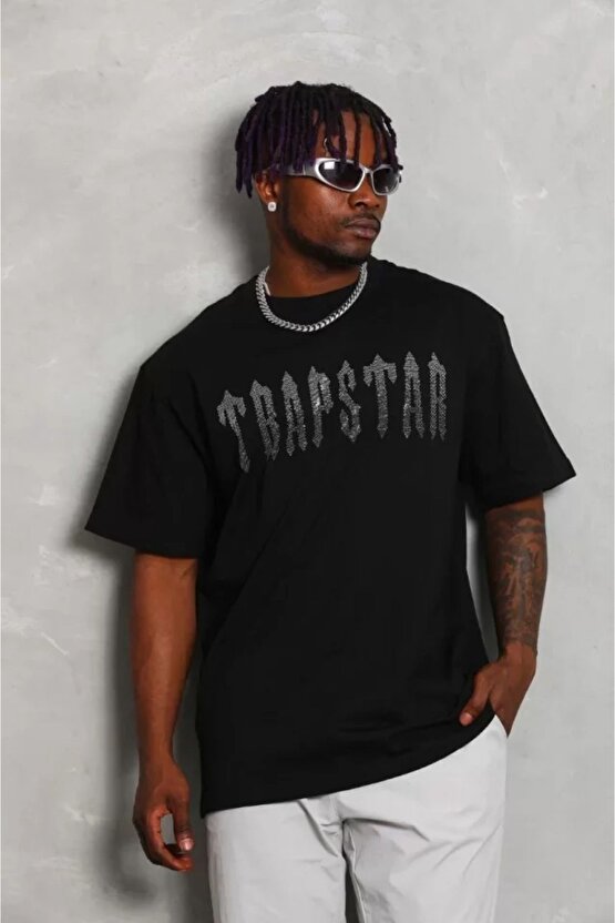Myterrax Unisex Oversize Taşlı Bisiklet Yaka T-shirt - Siyah