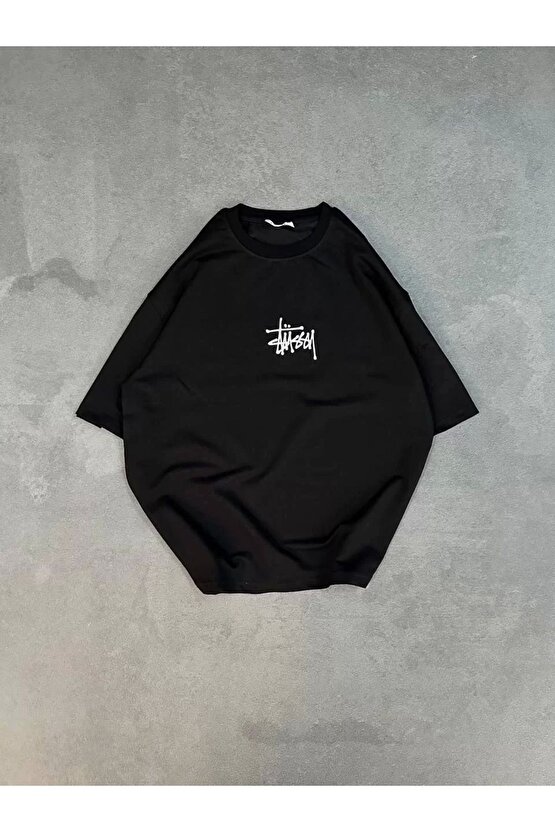 Unisex Bisiklet Yaka Baskılı Oversize T-Shirt - Siyah
