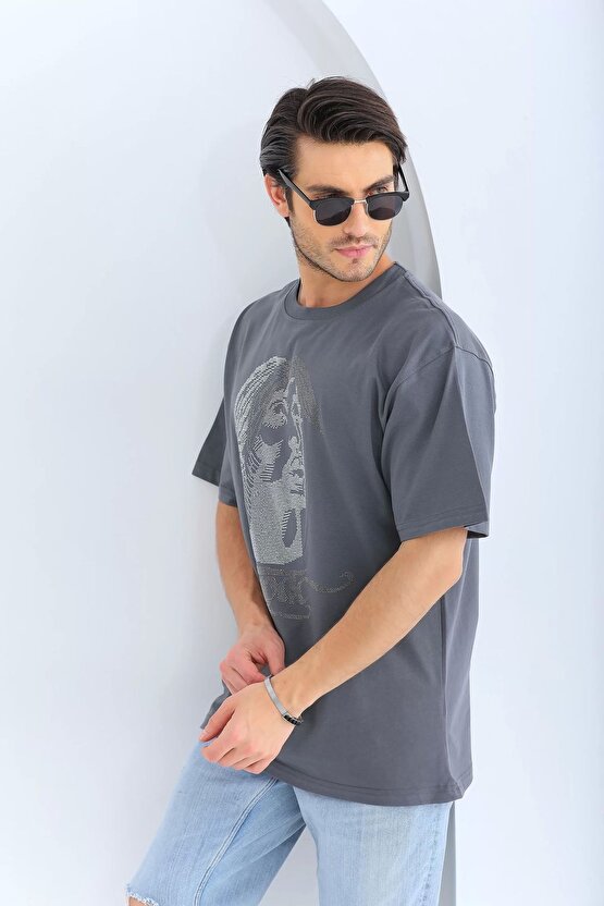 Unisex Oversize Taşlı Bisiklet Yaka T-Shirt - Füme