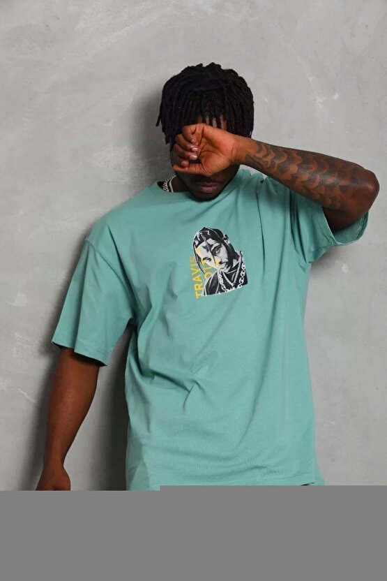 Unisex Oversize Baskılı Bisiklet Yaka T-Shirt - Beyaz