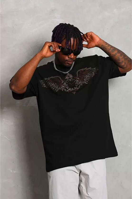 Moda Shop & Butik Unisex Oversize Taşlı Bisiklet Yaka T-shirt - Siyah