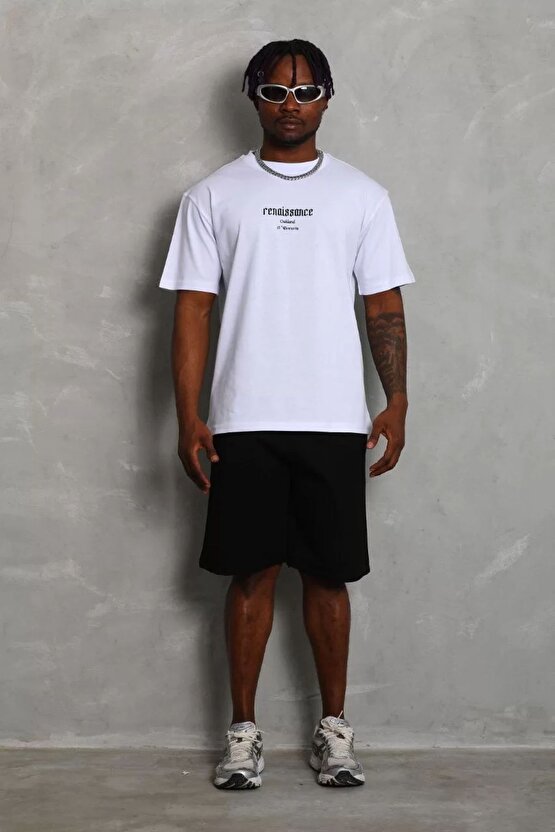 Unisex Baskılı Oversize T-Shirt - Beyaz
