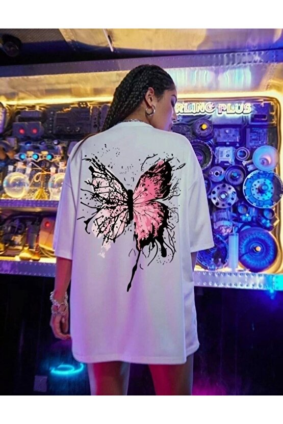 Unisex Baskılı Oversize T-Shirt - Beyaz