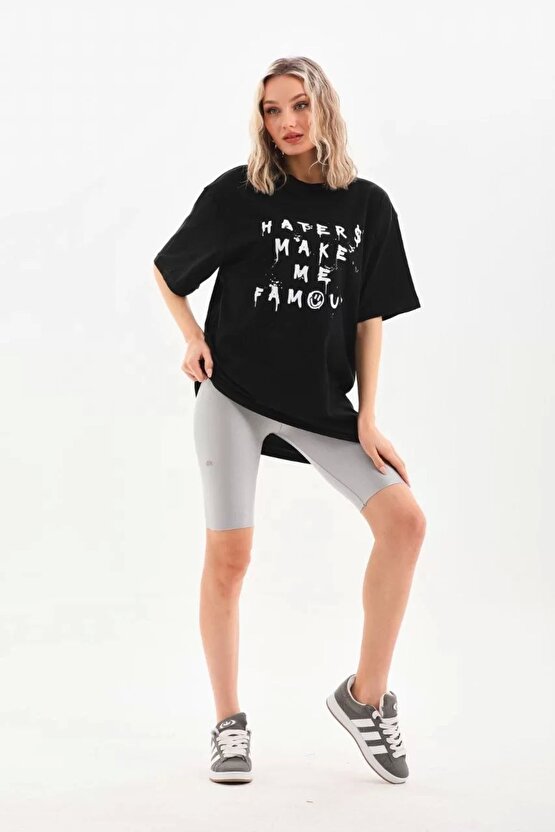 Unisex Baskılı Oversize T-Shirt - Siyah