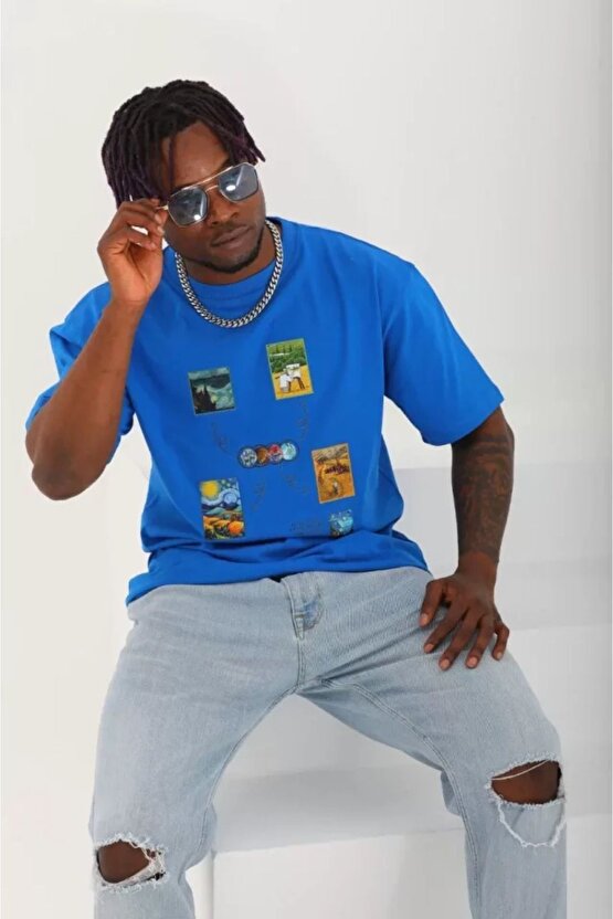 Mottisfashion Unisex Oversize Baskılı Bisiklet Yaka T-shirt - Mavi