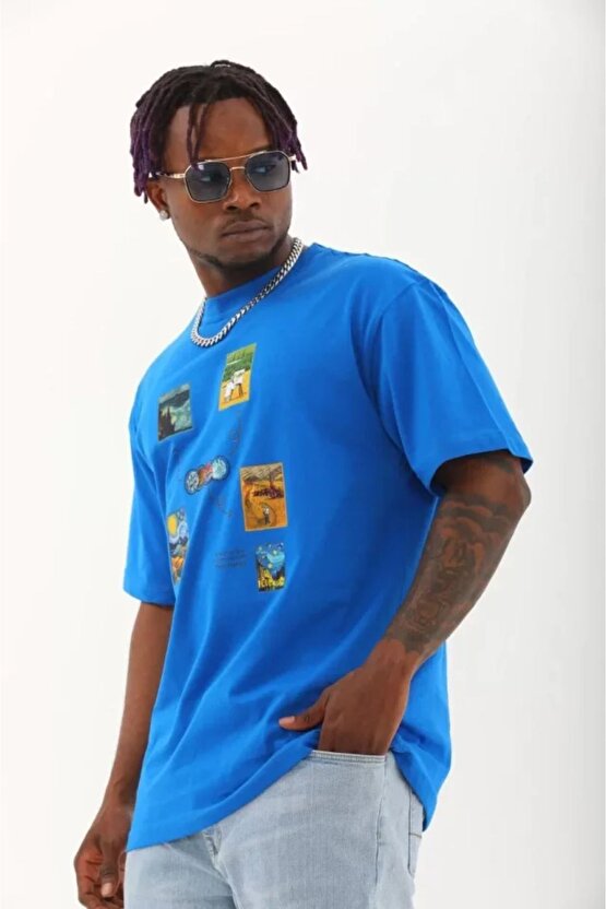 Mottisfashion Unisex Oversize Baskılı Bisiklet Yaka T-shirt - Mavi