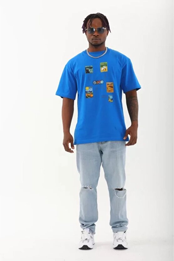 Mottisfashion Unisex Oversize Baskılı Bisiklet Yaka T-shirt - Mavi