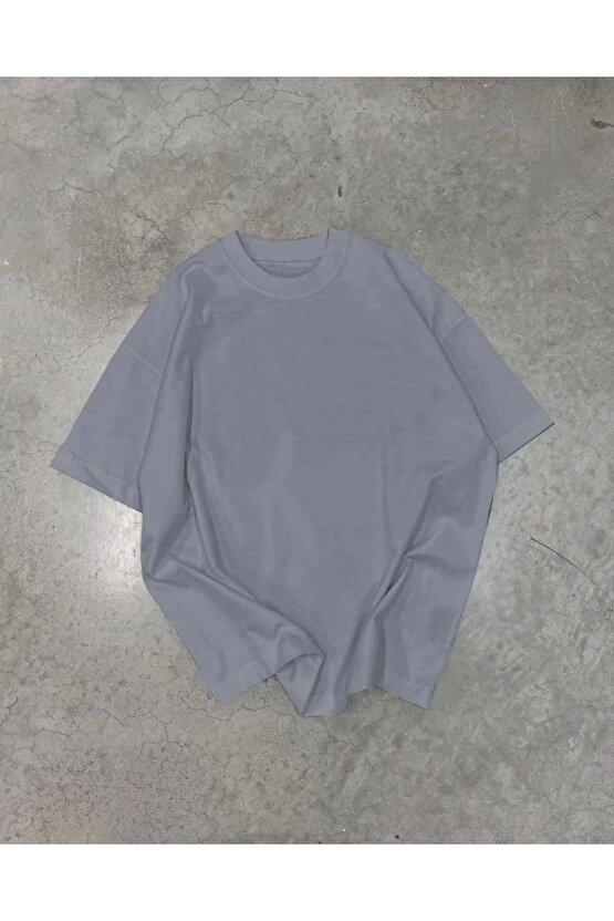 Unisex Basic Bisiklet Yaka Oversize T-Shirt - Füme