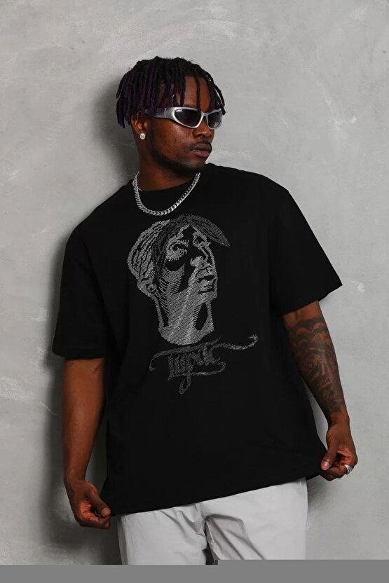 Unisex Oversize Taşlı Bisiklet Yaka T-Shirt - Siyah