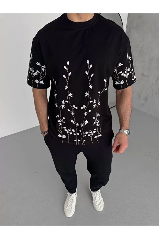 Unisex Nakış İşlemeli T-Shirt - Siyah