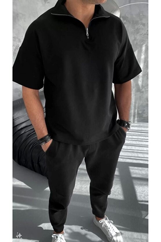 eyesof Unisex Yarım Fermuarlı Basic T-Shirt - Siyah