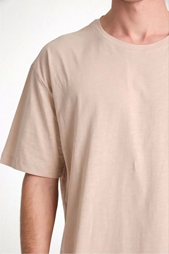 Erkek 241 Düz A Kalite Oversize T-shirt - Bej
