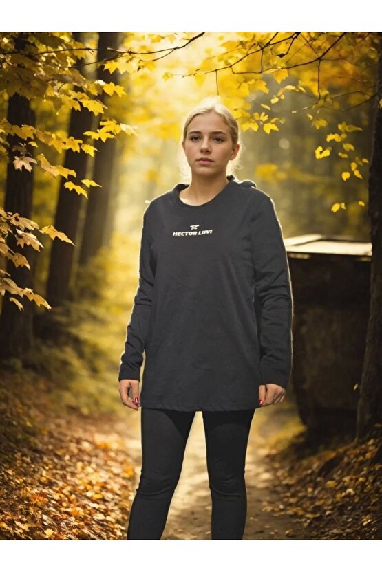 Unisex Bisiklet Yaka Uzun Kollu T-Shirt - Siyah