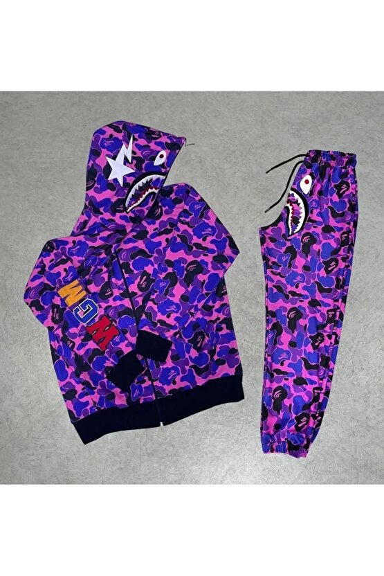 Unisex Pubg Bape x Shark Eşofman Takımı - Mor