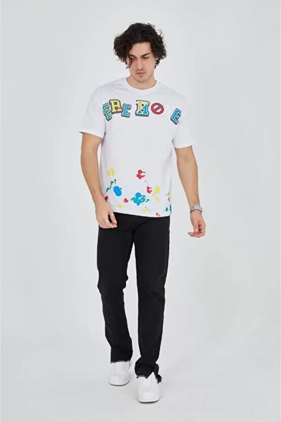 Mottisfashion Erkek Baskılı Penye T-shirt - Beyaz