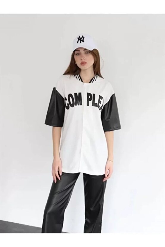 Kadın Complex Kolları Deri Kolej Oversize T-shirt - Beyaz