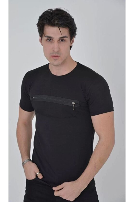 Erkek Göğüste Fermuar Aksesuarlı Dar Kalıp T-Shirt - Siyah
