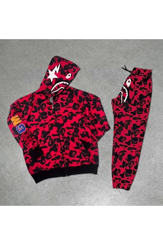 Unisex Pubg Bape x Shark Eşofman Takımı - Kırmızı