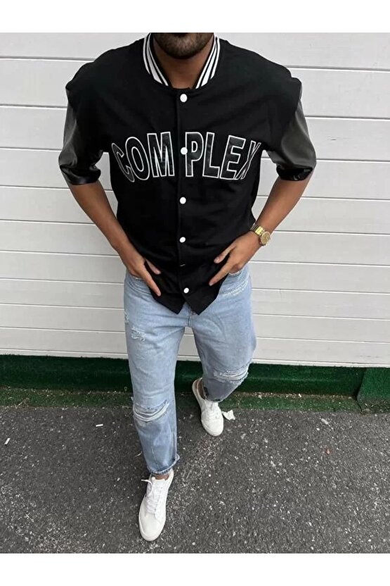 Erkek Complex Kolları Deri Kolej Oversize T-shirt - Siyah
