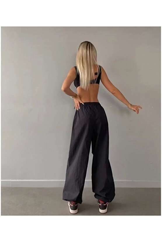 Kadın Cepli Paraşut Pantalon - Siyah