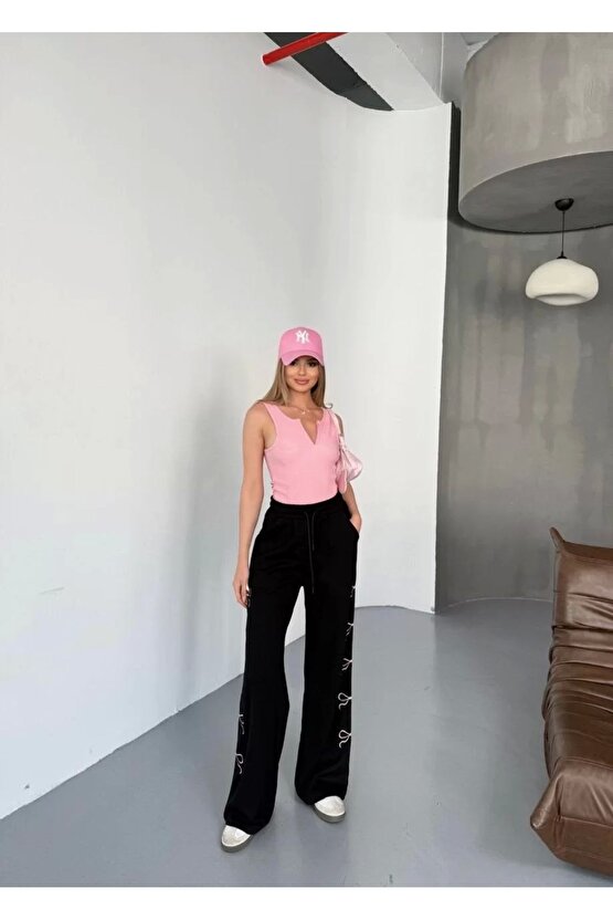 Osy Modal Yumuşak Dokulu Kumaş Nakış işlemeli Rahat Bol Paça Eşofman Pantalon - Siyah