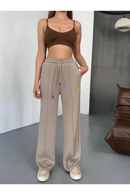 Osy Modal Yumuşak Dokulu Kumaş Nakış Işlemeli Rahat Bol Paça Eşofman Pantalon - Bej