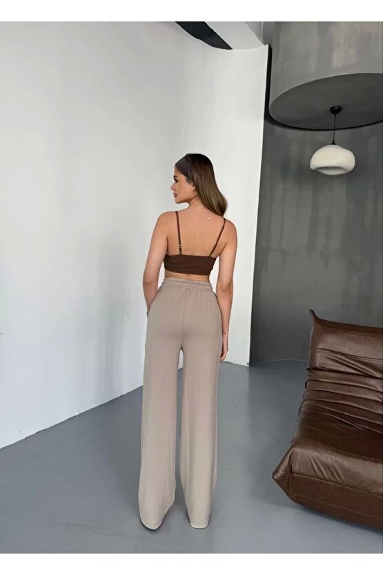 Osy Modal Yumuşak Dokulu Kumaş Nakış Işlemeli Rahat Bol Paça Eşofman Pantalon - Bej