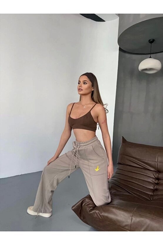 Osy Modal Yumuşak Dokulu Kumaş Nakış Işlemeli Rahat Bol Paça Eşofman Pantalon - Bej