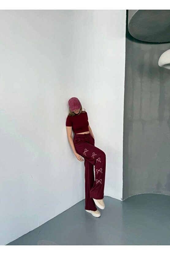 Osy Modal Yumuşak Dokulu Kumaş Nakış Işlemeli Rahat Bol Paça Eşofman Pantalon - Bordo