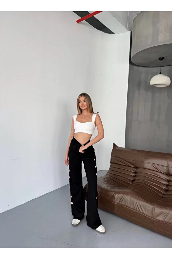Osy Modal Yumuşak Dokulu Kumaş Nakış işlemeli Rahat Bol Paça Eşofman Pantalon - Siyah