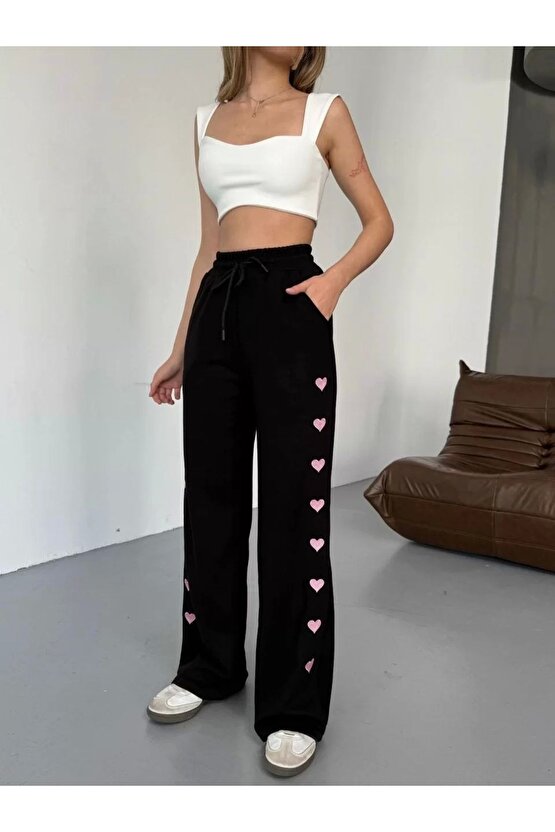 Osy Modal Yumuşak Dokulu Kumaş Nakış işlemeli Rahat Bol Paça Eşofman Pantalon - Siyah
