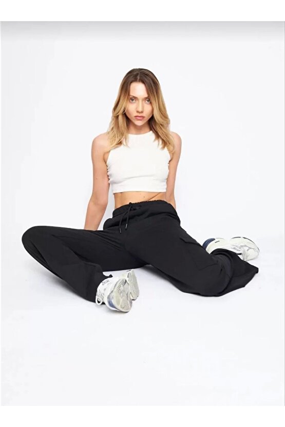 Kargo Cepli Palazzo Oversize Kesim İki iplik Bol Paça Eşofman Altı Pantalon - Siyah