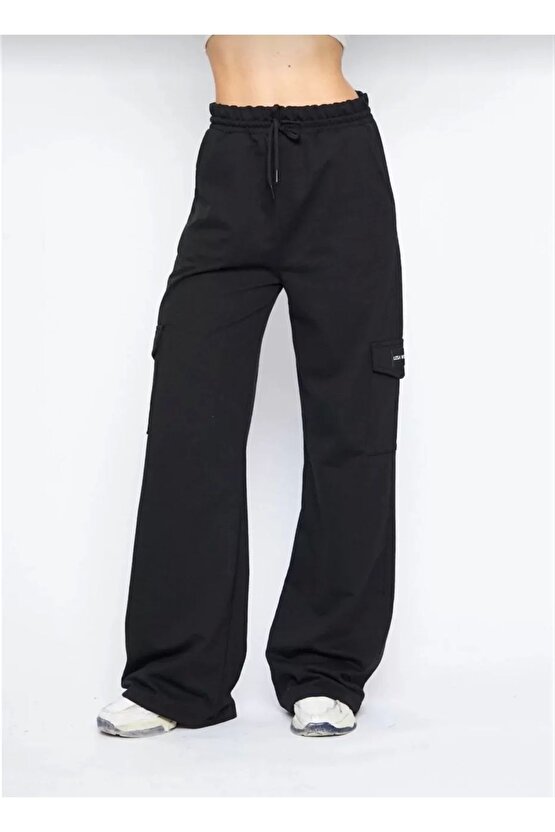 Kargo Cepli Palazzo Oversize Kesim İki iplik Bol Paça Eşofman Altı Pantalon - Siyah