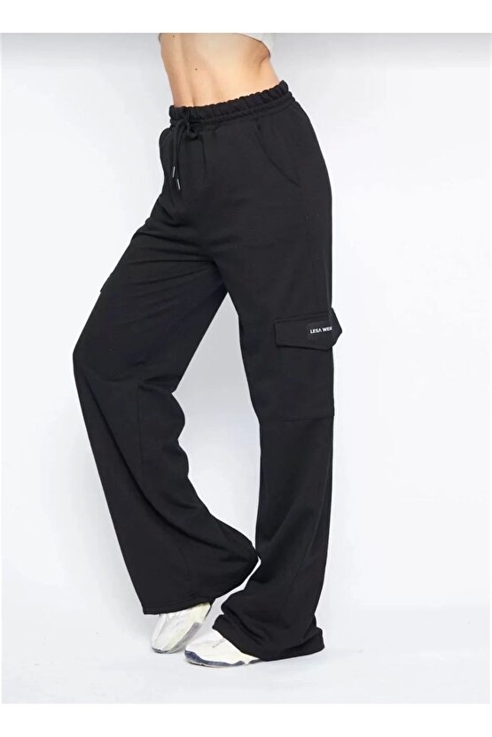Kargo Cepli Palazzo Oversize Kesim İki iplik Bol Paça Eşofman Altı Pantalon - Siyah
